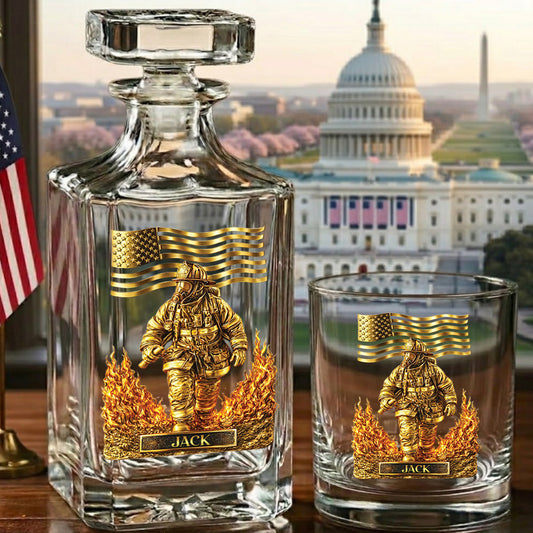 Personalized Firefighter Decanter Set – Gold Fireman & American Flag Custom Whiskey Gift