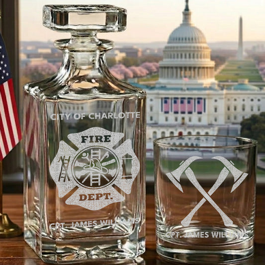 Custom Fire Department Whiskey Decanter Set, Engraved Name Firefighter Gift