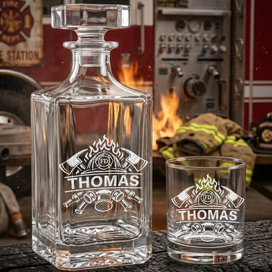 Engraved Firefighter Whiskey Set, Custom Name Decanter & Glass Gift for Heroes