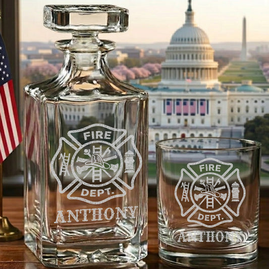 Personalized Firefighter Decanter Set – Custom Name Whiskey Bottle & Glasses Gift