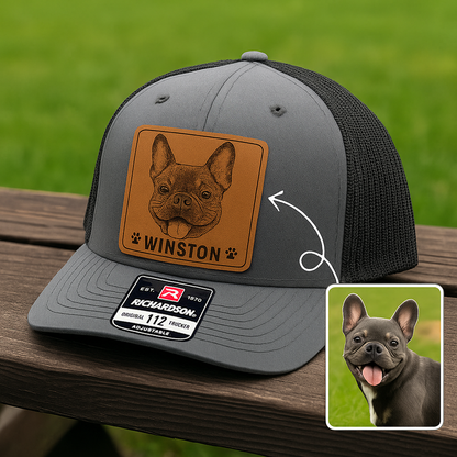 Custom Pet Photo Trucker Hat – Personalized Leather Patch Hat – Dog Owner Gift – Custom Pet Memorial Hat - Dog Gift - Engraved Hat NGOC99A4
