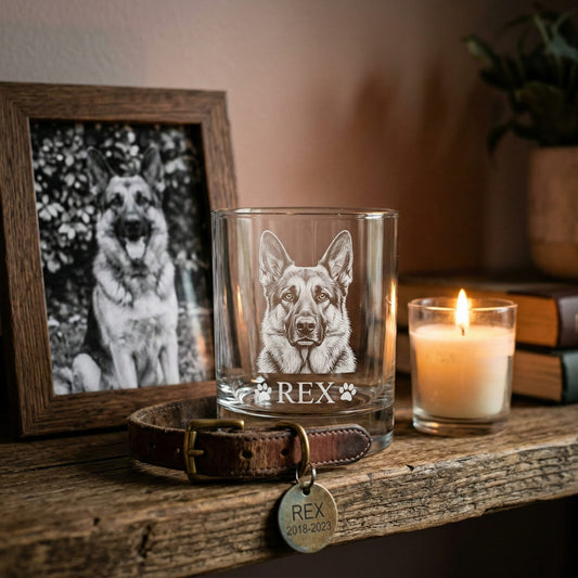 Personalized Dog Portrait Whiskey Glass 11oz – Custom Pet Photo & Name – Dog Memorial Gifts