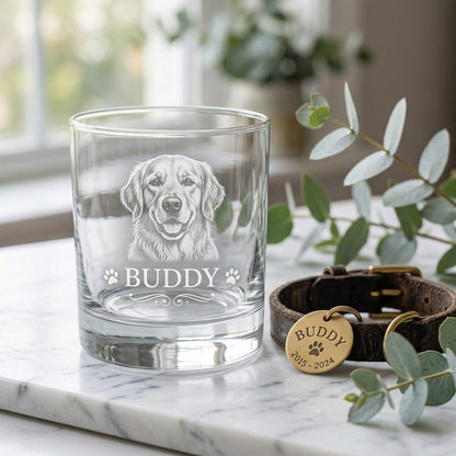 Personalized Dog Portrait Whiskey Glass 11oz – Custom Pet Photo & Name – Dog Memorial Gifts