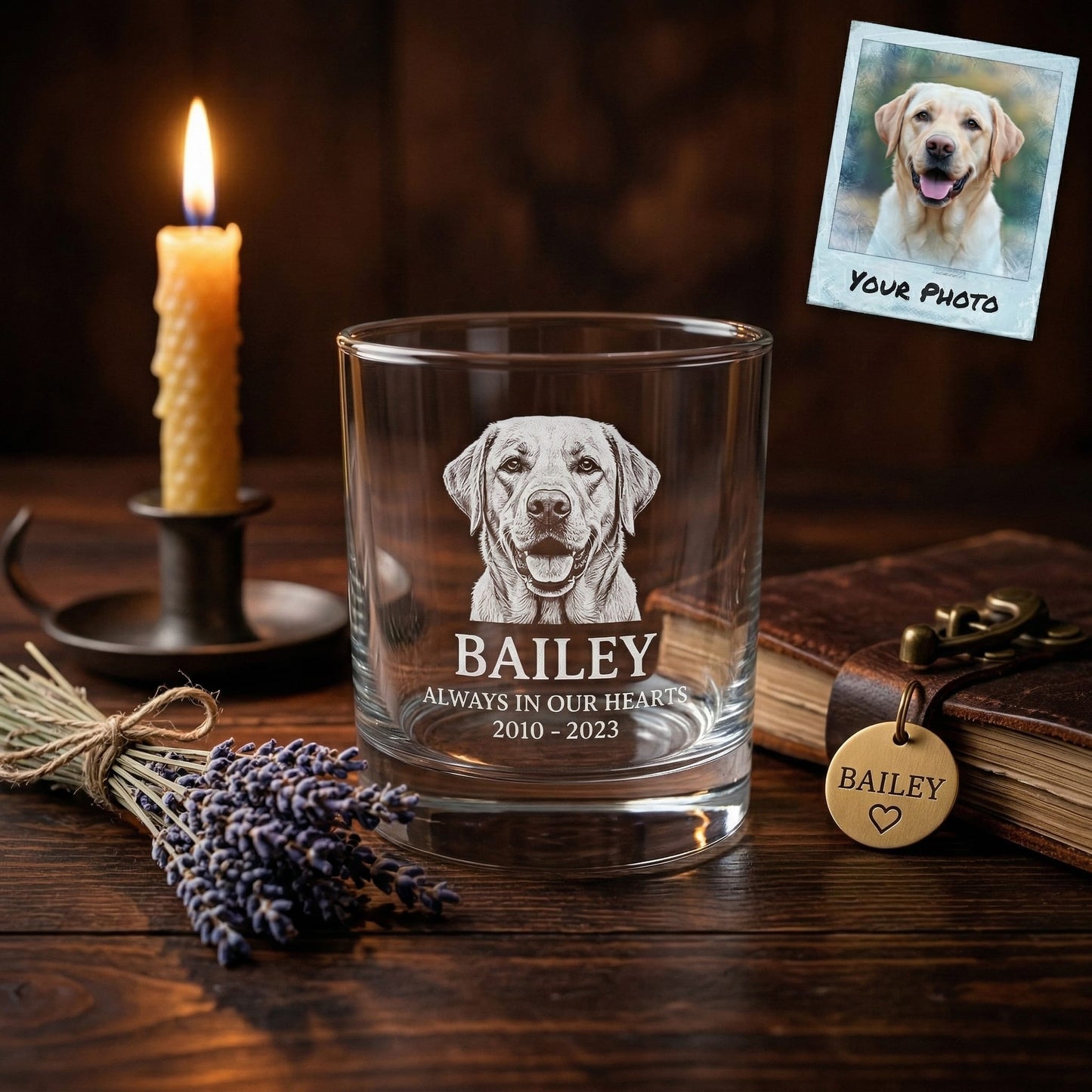 Personalized Dog Portrait Whiskey Glass 11oz – Custom Pet Photo & Name – Dog Memorial Gifts