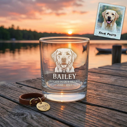 Personalized Dog Portrait Whiskey Glass 11oz – Custom Pet Photo & Name – Dog Memorial Gifts