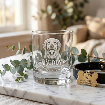 Personalized Dog Portrait Whiskey Glass 11oz – Custom Pet Photo & Name – Dog Memorial Gifts