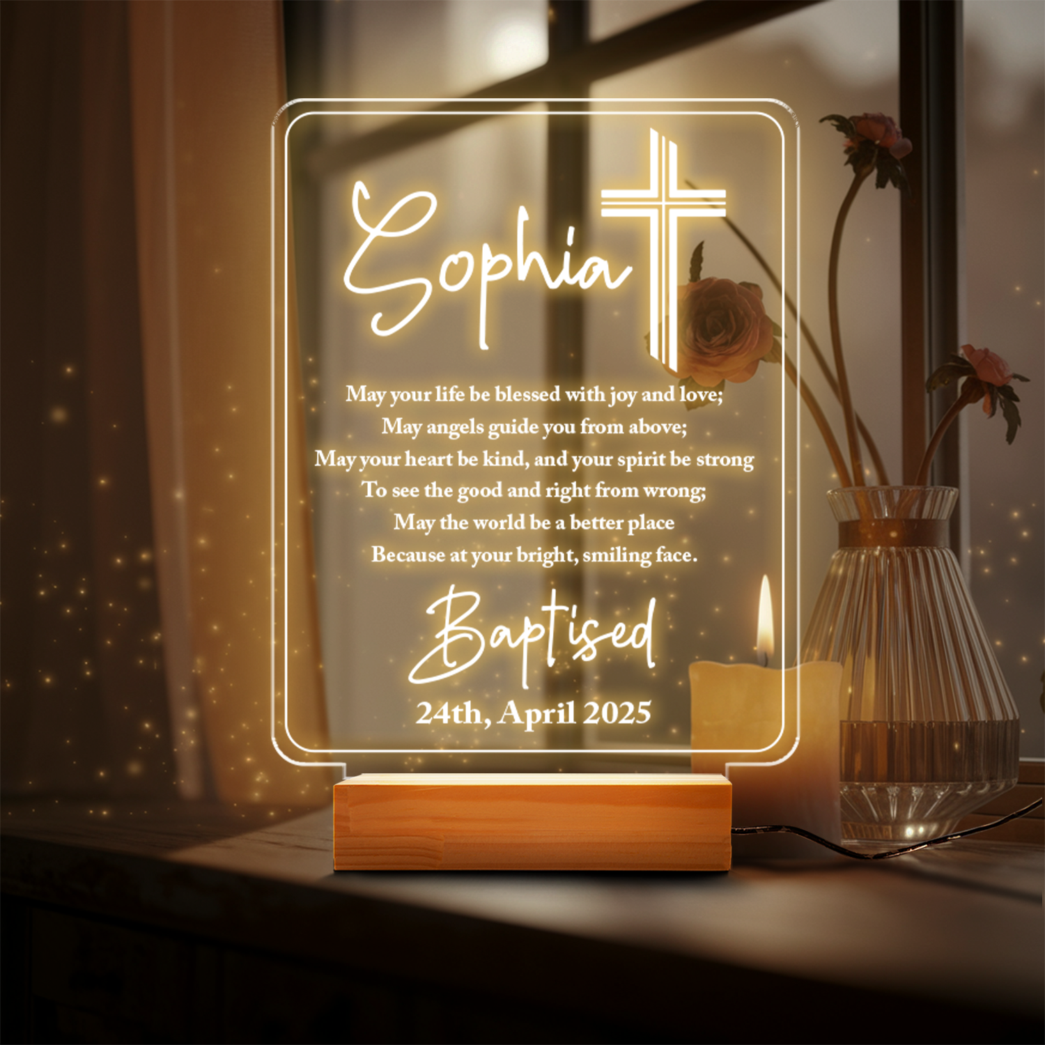 Aeluxlas Personalized Baptism Gift For Baby - Custom Christening Night Light for goddaughter _ Godson - Nursery Décor - Bible Verse Life Be Blessed