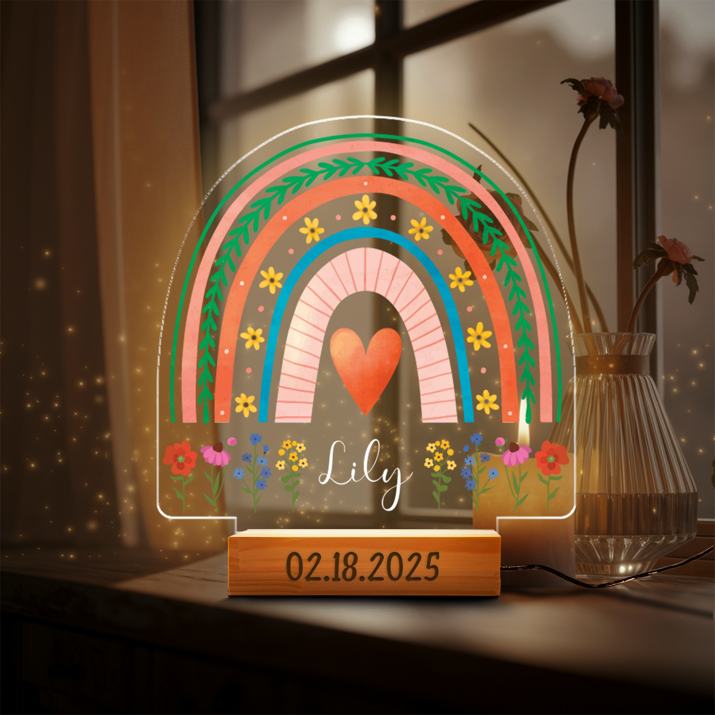 Aeluxlas Personalized Rainbow Floral Night Light for Kids,Baby Girl Boy Gift,Acrylic LED Lamp Birthday Gift, Christening Gift,Plaque Nursery Decor