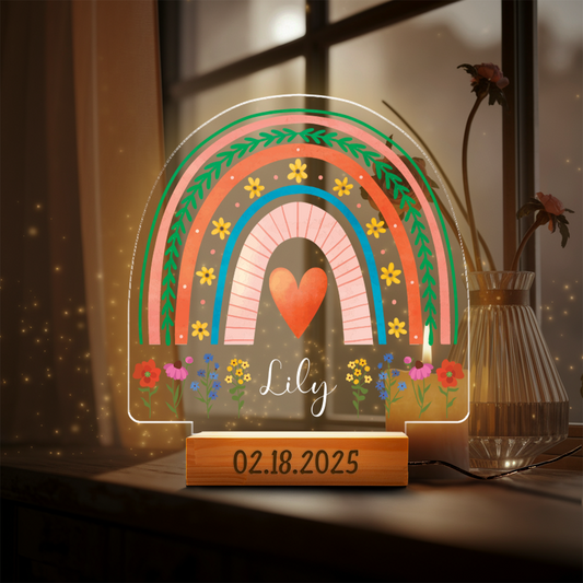 Aeluxlas Personalized Rainbow Floral Night Light for Kids,Baby Girl Boy Gift,Acrylic LED Lamp Birthday Gift, Christening Gift,Plaque Nursery Decor