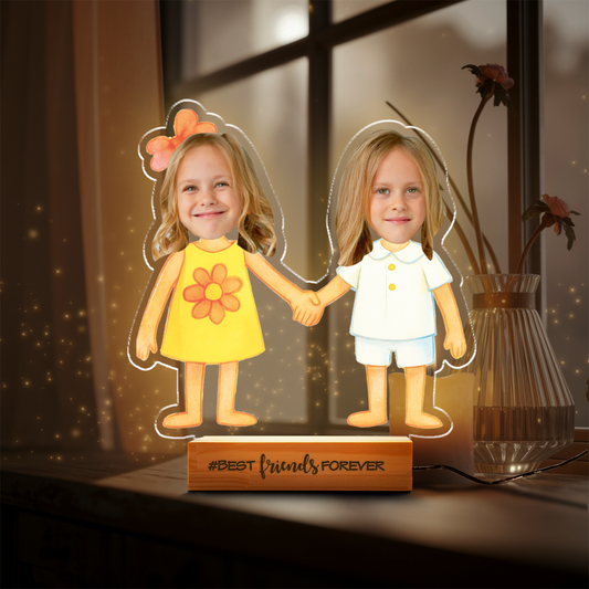 Aeluxlas Personalized Kid Photos Best Friends Forever LED Night Light with Wooden Base Home Decor Friendship Birthday Gift for Boys Girls