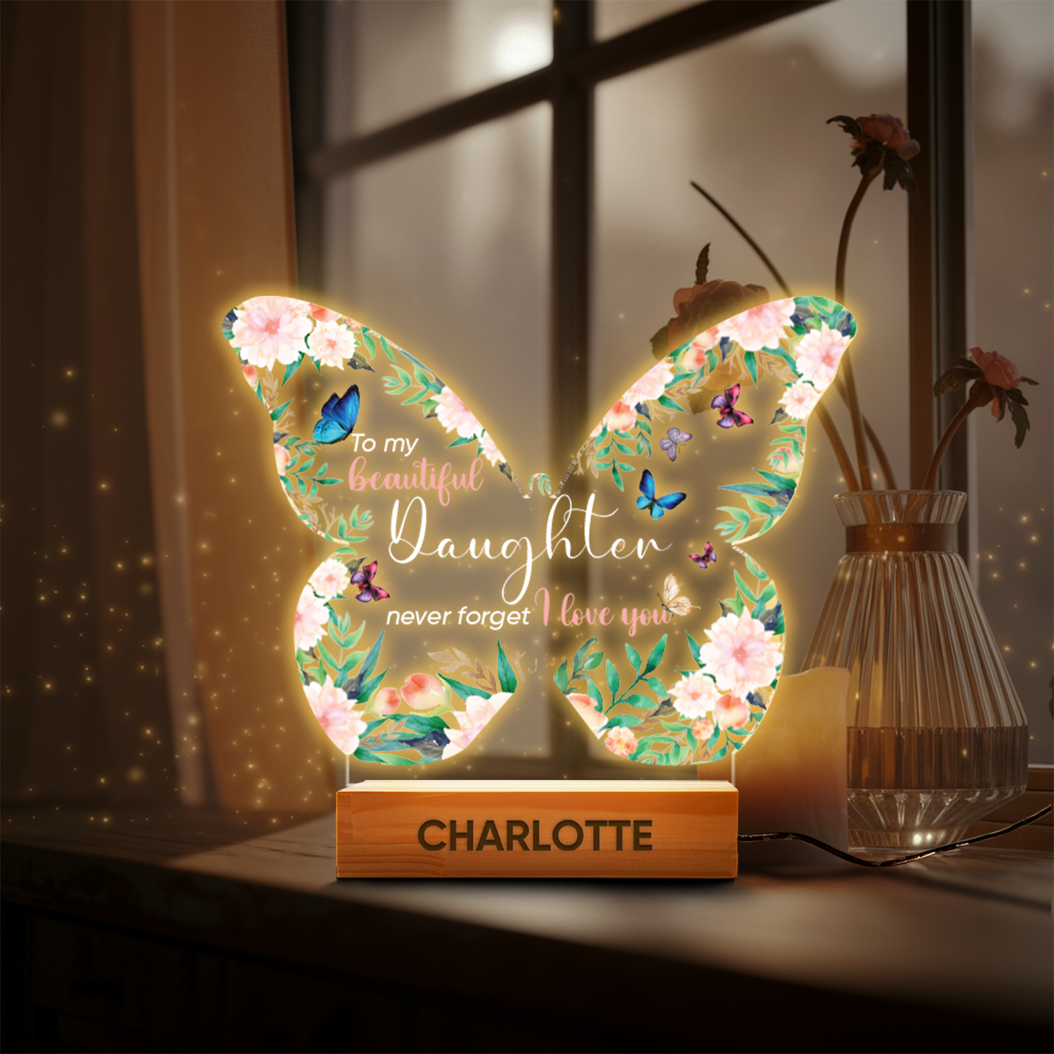 Aeluxlas Personalized Floral Butterfly  Baby Night Light – Custom Name Bedside Lamp for Girls, Floral Garden Nursery Décor, Birthday Gift for Her