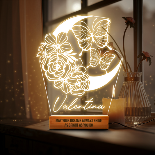 Aeluxlas Personalized Butterflies And Moon Flower Led Night Light, Kid Room Decor, Gift For Kid