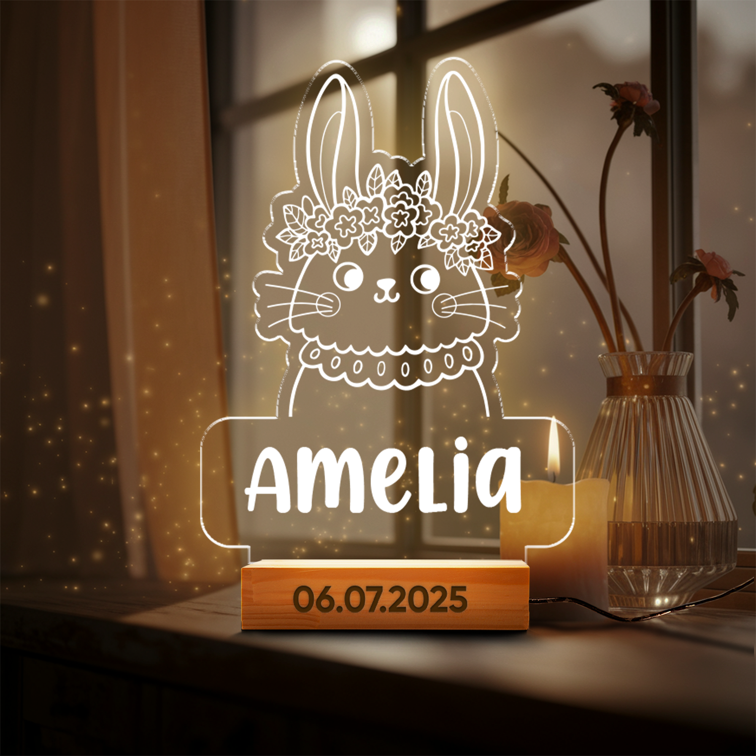 Aeluxlas Personalized Bunny Night Light for Kids, Bunny LED Nursery Lamp with Flowers, Personalized Acrylic Light, Animal Decor, Baby Shower Gift for Girls