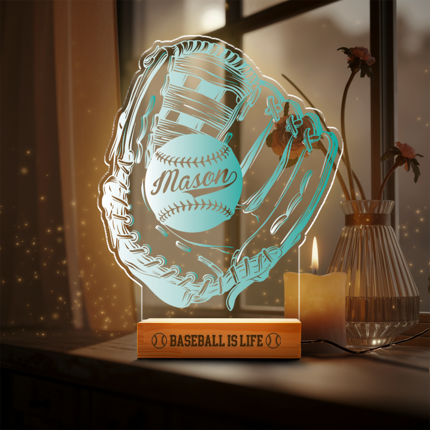 Aeluxlas Baseball Glove LED Night Light, Kid's Glove & Ball Decor Lamp Birthday Gift, Coach Name Sign