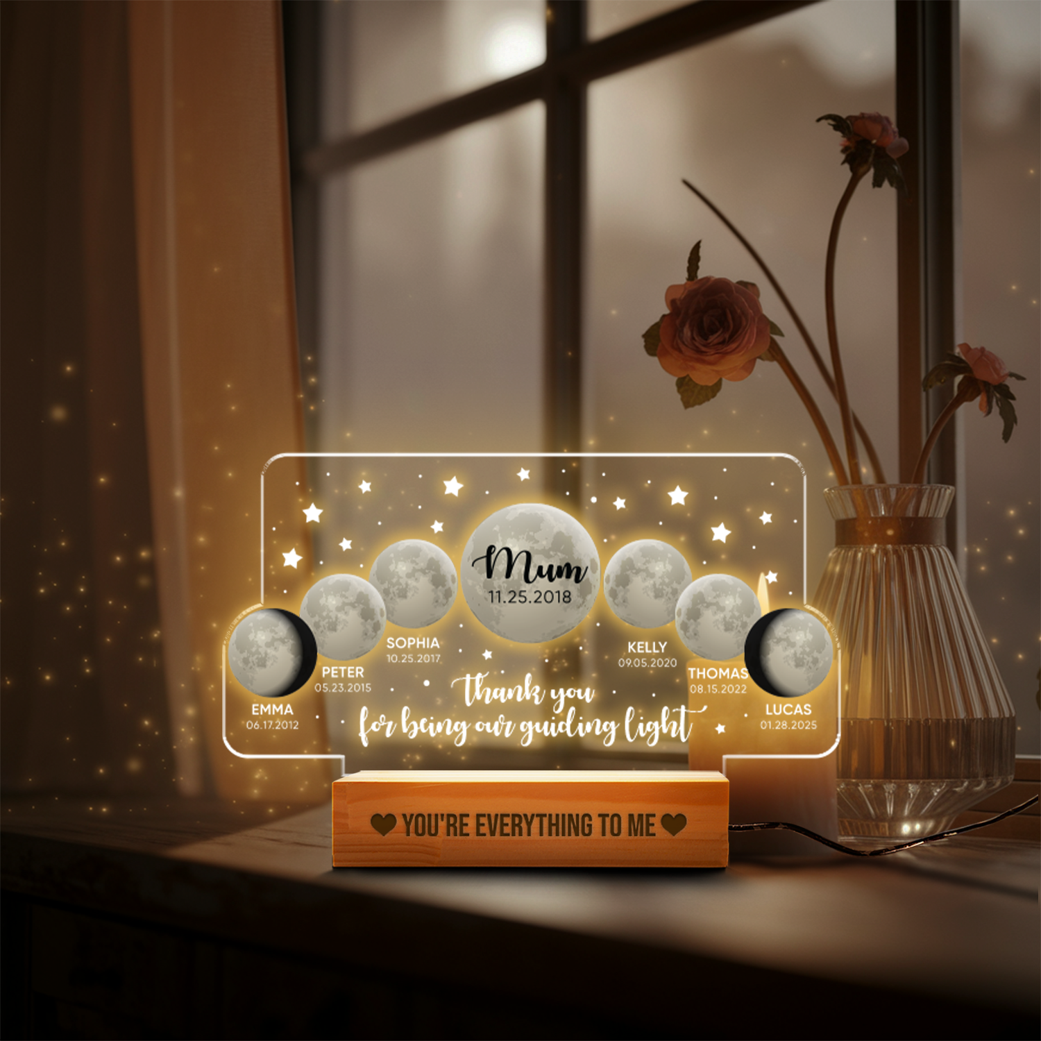 Aeluxlas Personalized Moons Phase with Kids Names, Custom Moons Phase Night Light, Mother’s Day Gifts, Gifts for Mama, Custom Night light Moon Phase