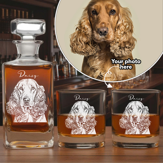 Personalized Dog Whiskey Decanter Set – Custom Pet Photo & Name Engraved Glass 11oz Gift THUC99DP05
