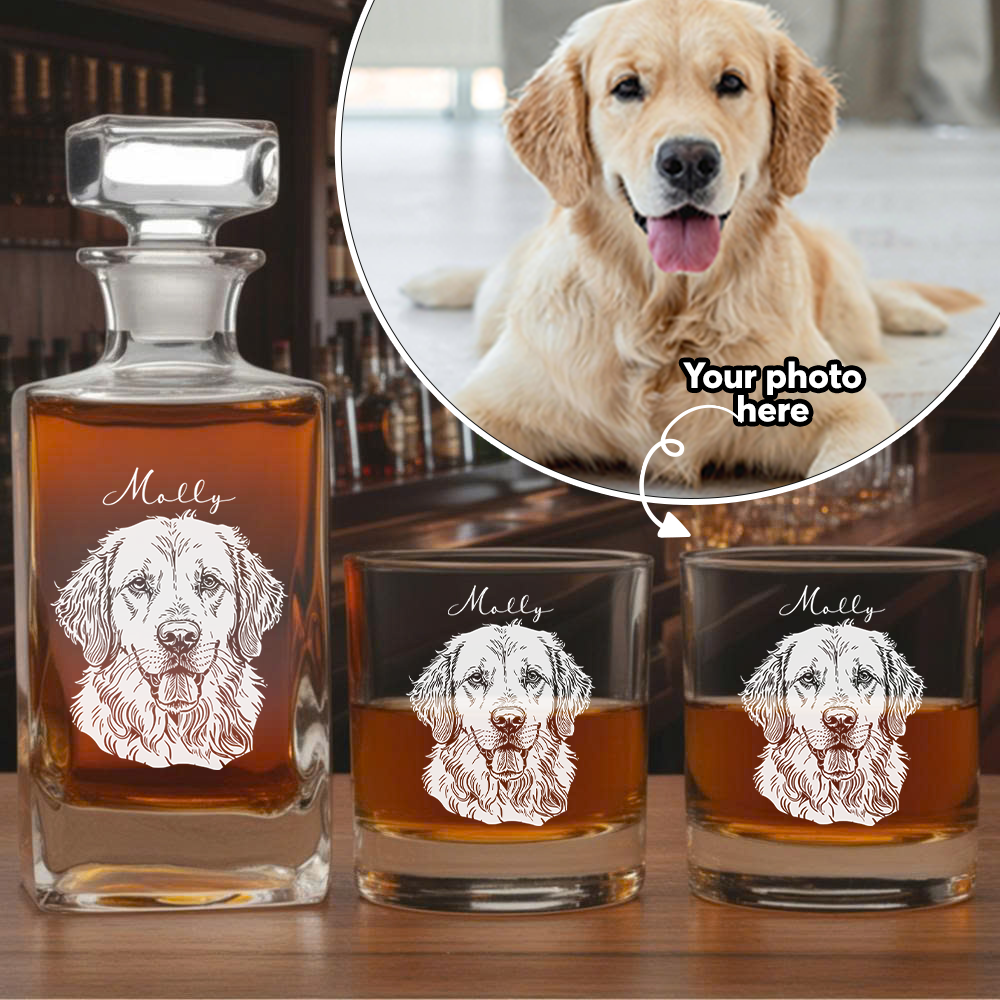 Custom Dog Portrait Whiskey Set – Engraved Decanter & Personalized 11oz Name Glass Gifts THUC99DP01