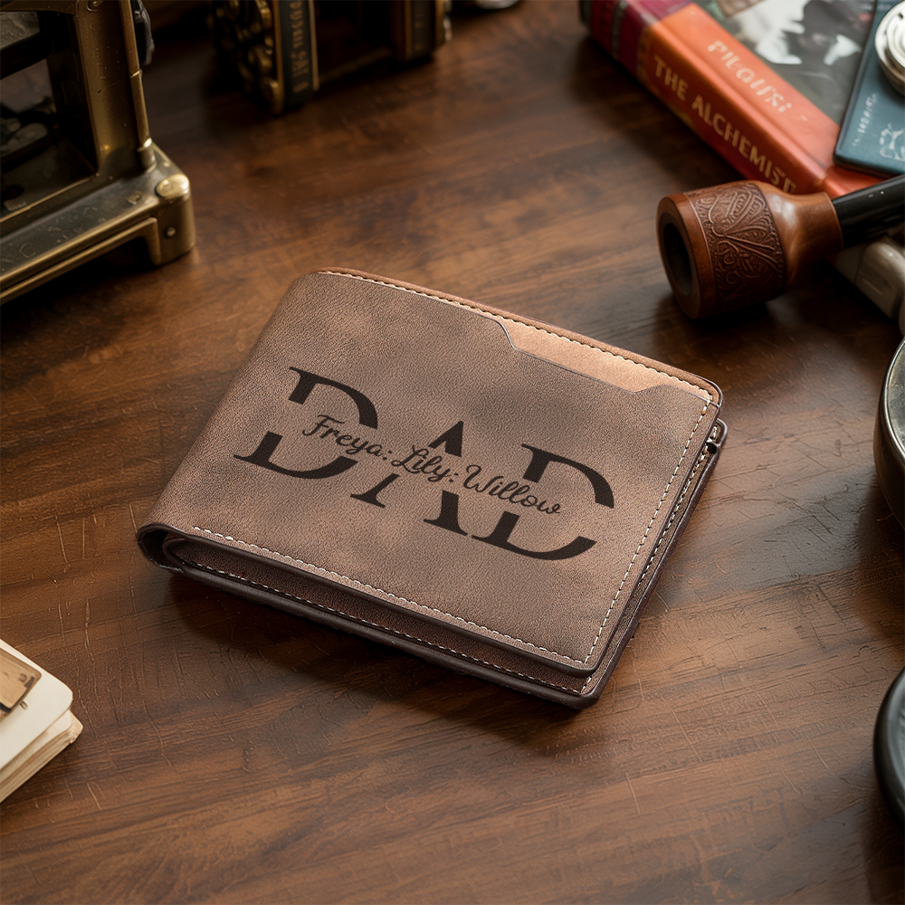 TNW003 Custom Leather Dad Wallet, Engraved Dad Wallet with Kids Names, Fathers Day Gift, New Dad Wallet, Personalized Papa Wallet Gift from Kids