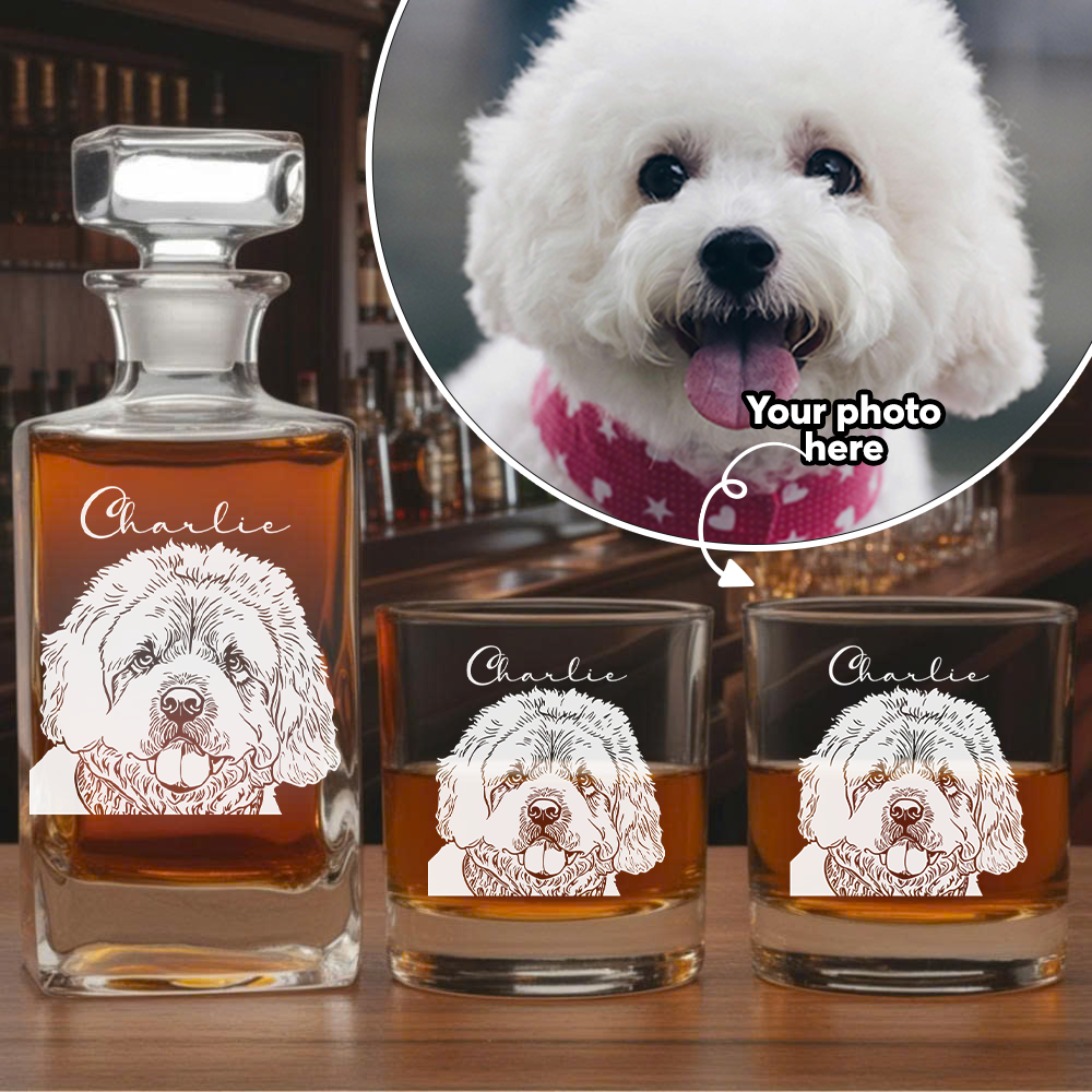 Custom Dog Photo Decanter & Whiskey Glass Set – Custom Name Glass Dog Lover Gift THUC99DP07