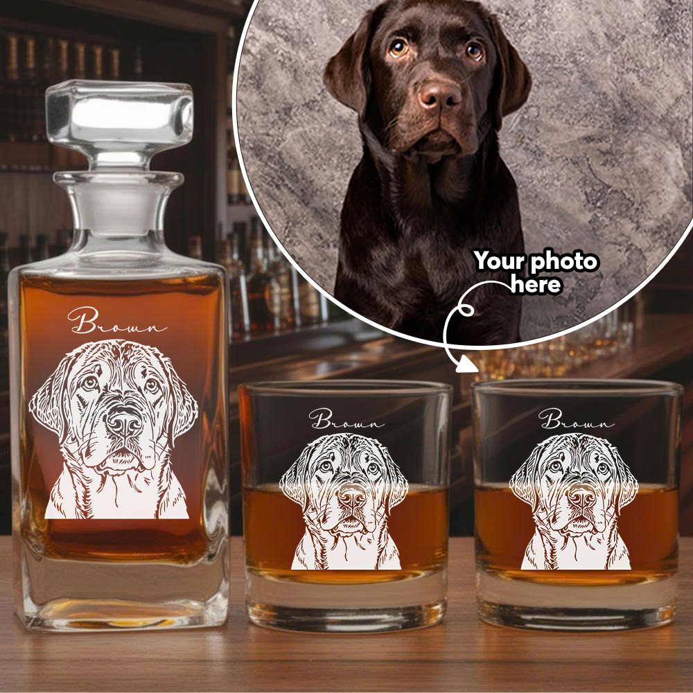 Custom Photo Dog Whiskey Decanter Set + Pesonalized Custom Name Dog Whiskey Glass 11oz THUC99DP03