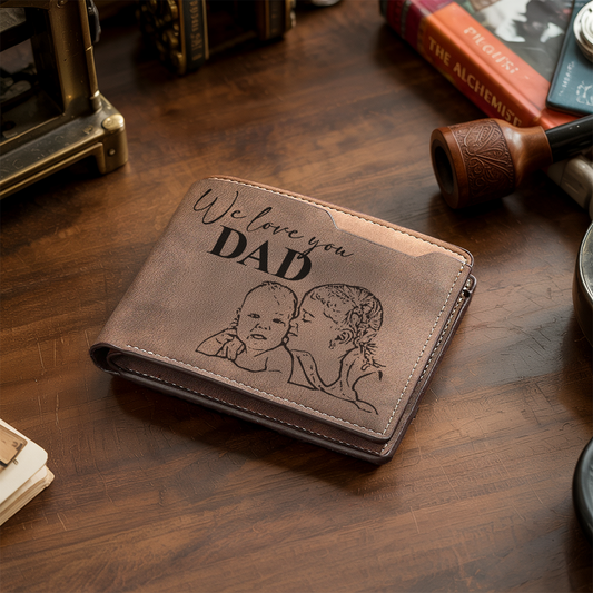 TNW005 Custom Photo Engraved Wallet for Men – Personalized Leather Wallet with Picture, Handwriting or Message – Customized Gift for Husband & Dad