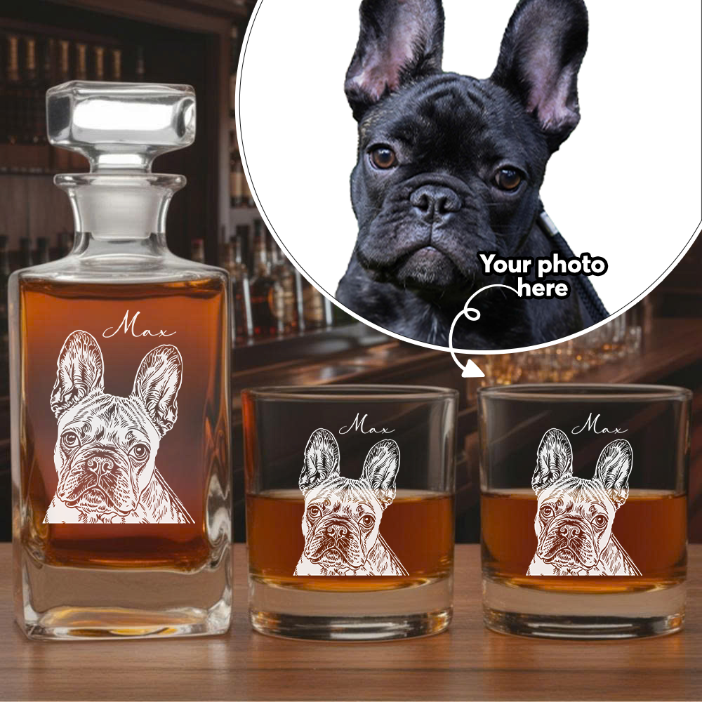 Custom Photo Dog Whiskey Decanter Set + Custom Name Whiskey Glass 11oz Personalized Dog Lover THUC99DP02