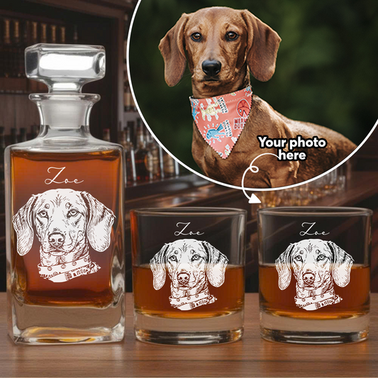 Custom Dog Photo Whiskey Decanter & Glass Set – Personalized Name Gift for Dog Lovers THUC99DP06