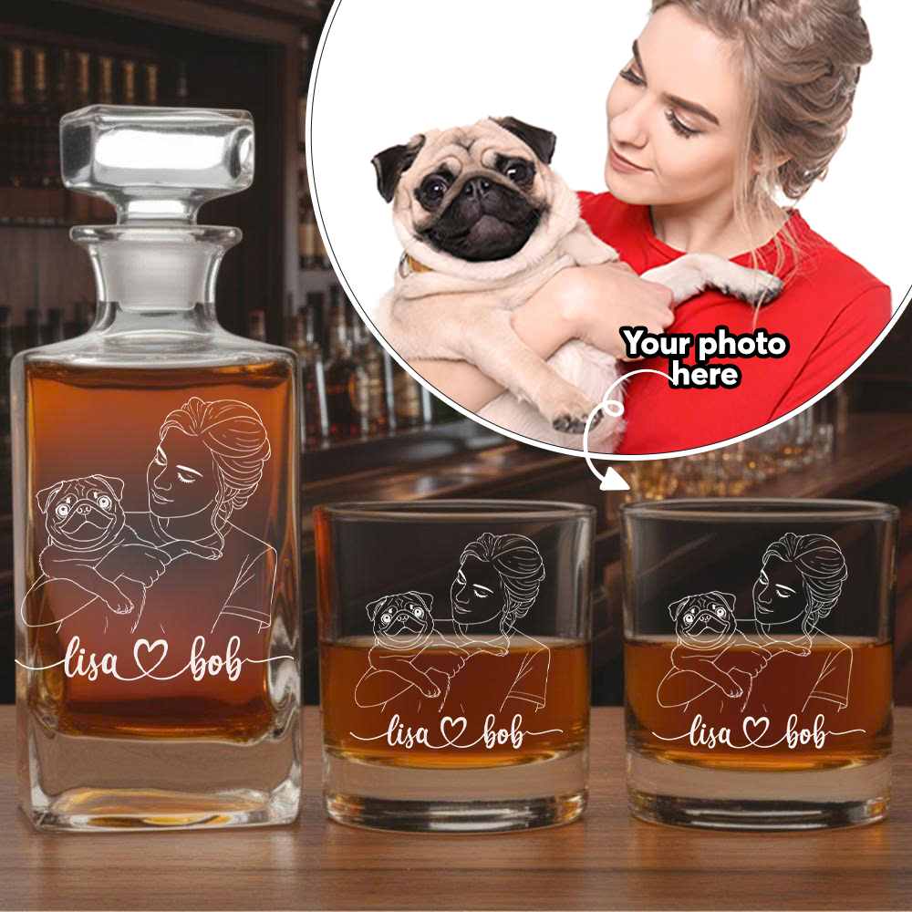 Custom Dog Photo Whiskey Decanter Set + Custom Name Glass Gift for Dog Lovers THUC99DP08