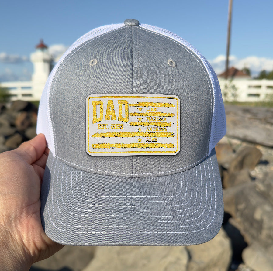 American Dad Leather Patch Hat – Patriotic Trucker Hat for Men – 4th of July Dad Hat – USA Flag Snapback – Dad Birthday Gift Idea NGOC99NT20