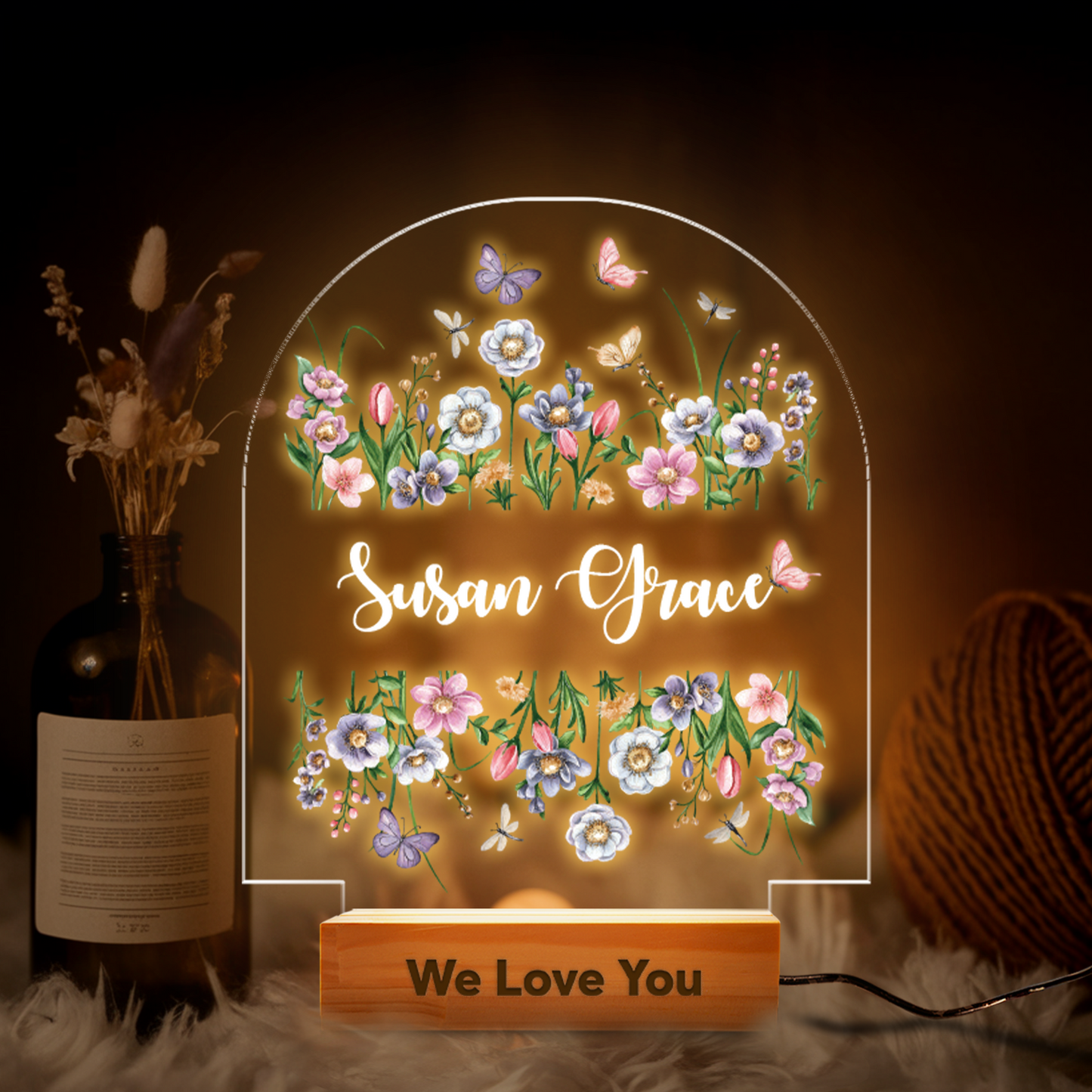 Aeluxlas Personalized Butterfly and Flower Baby Night Light – Custom Name Bedside Lamp for Girls, Floral Garden Nursery Décor, Birthday Gift for Her