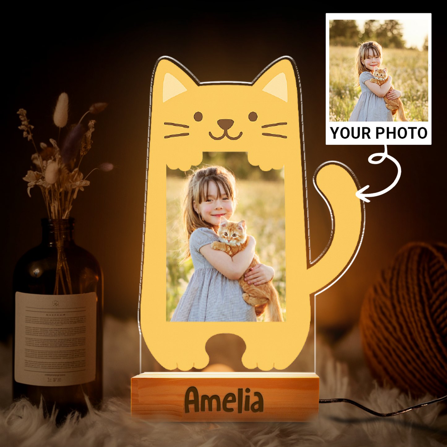 Aeluxlas Personalized Cat Photo Baby Night Light, Personalized Cat, Cute Kitty Photo Frame Kids Room Decor, Gift For Cat Lovers