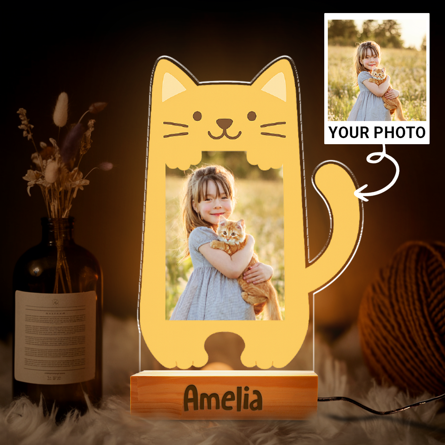Aeluxlas Personalized Cat Photo Baby Night Light, Personalized Cat, Cute Kitty Photo Frame Kids Room Decor, Gift For Cat Lovers