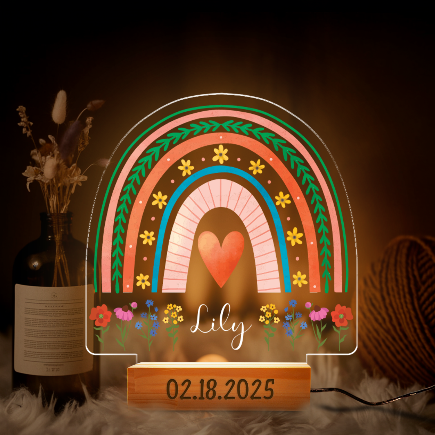 Aeluxlas Personalized Rainbow Floral Night Light for Kids,Baby Girl Boy Gift,Acrylic LED Lamp Birthday Gift, Christening Gift,Plaque Nursery Decor