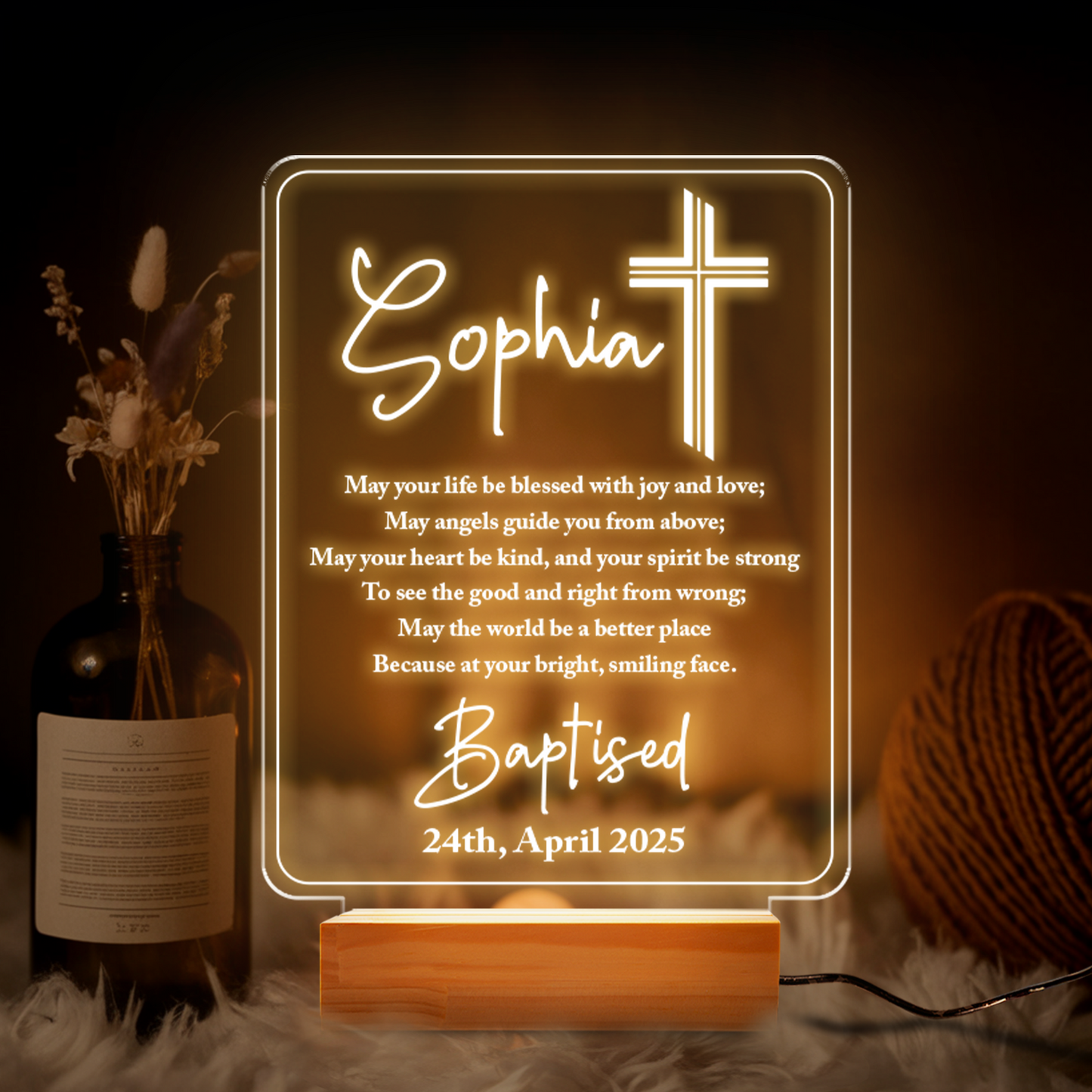 Aeluxlas Personalized Baptism Gift For Baby - Custom Christening Night Light for goddaughter _ Godson - Nursery Décor - Bible Verse Life Be Blessed
