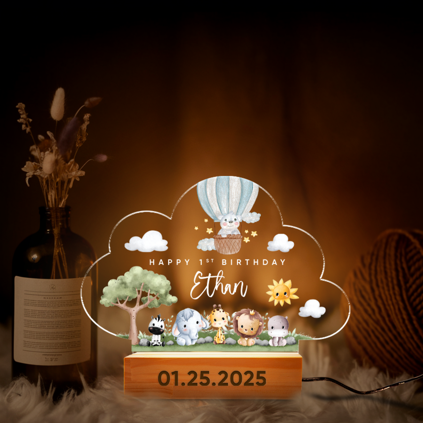 Aeluxlas Happy Birthday Animals Cloud, Birthday Gift For Kids, Baby Name Gift, Nursery Decor