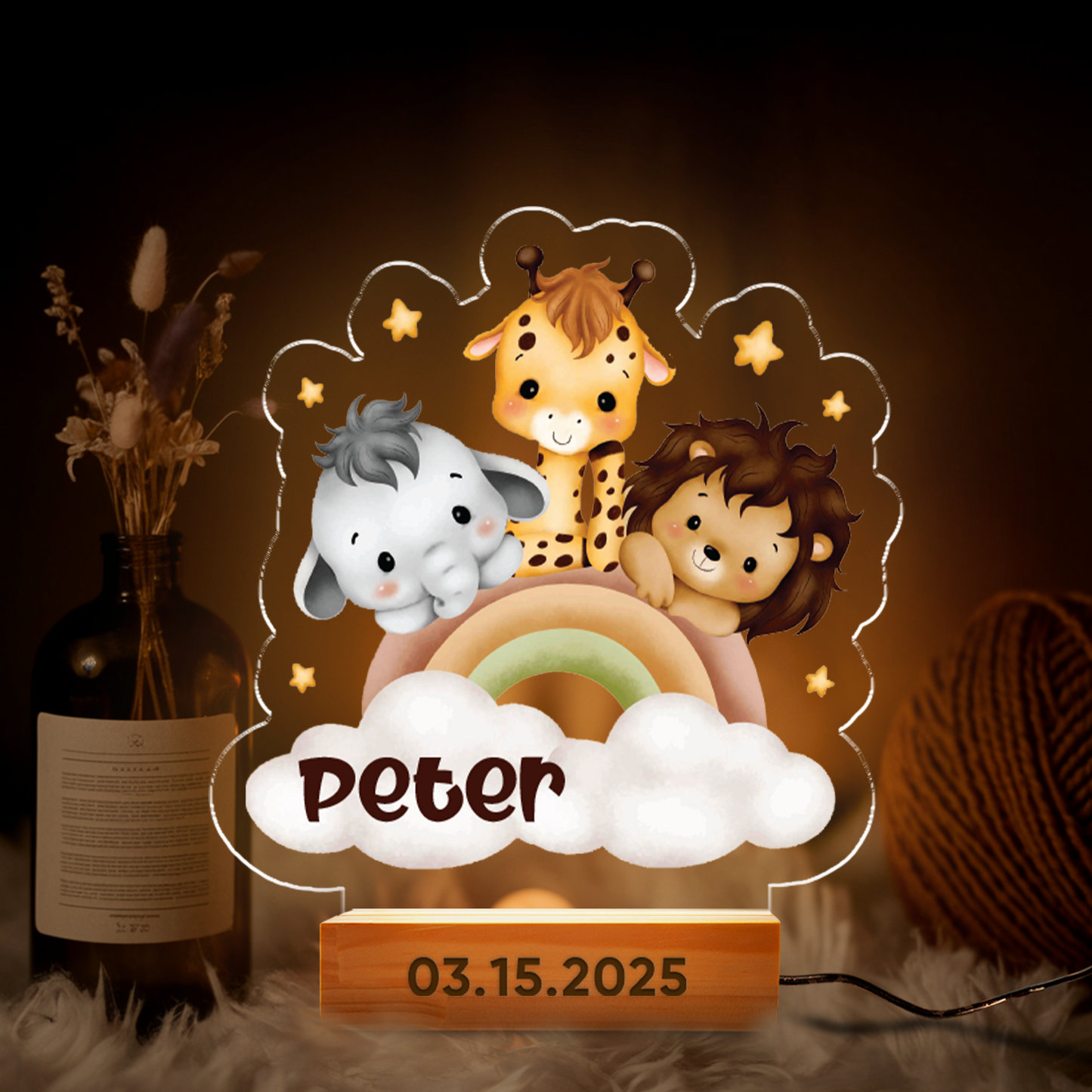 Aeluxlas Personalized Cute Animal Rainbow Night Light, Personalized Name Night Light, Baby Name Gift, Nursery Decor