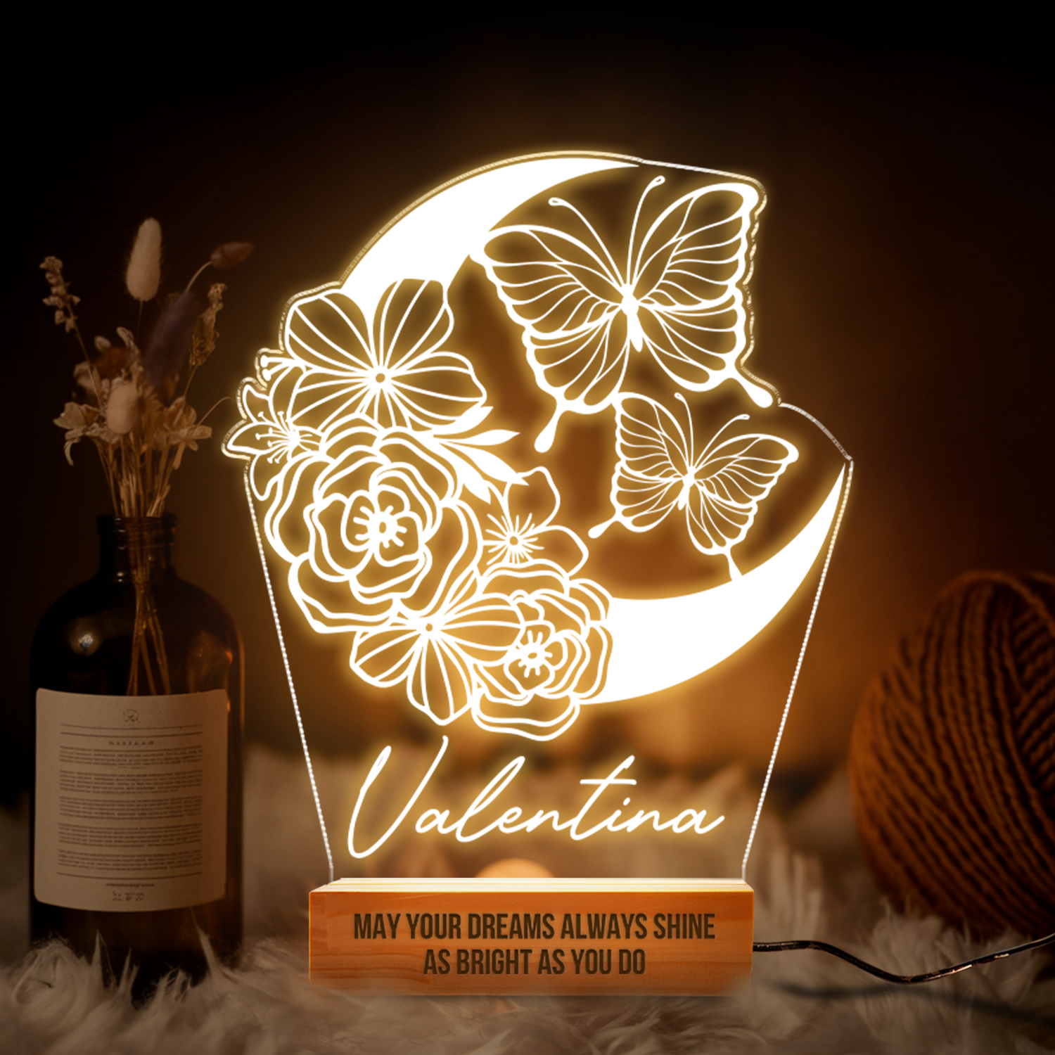 Aeluxlas Personalized Butterflies And Moon Flower Led Night Light, Kid Room Decor, Gift For Kid