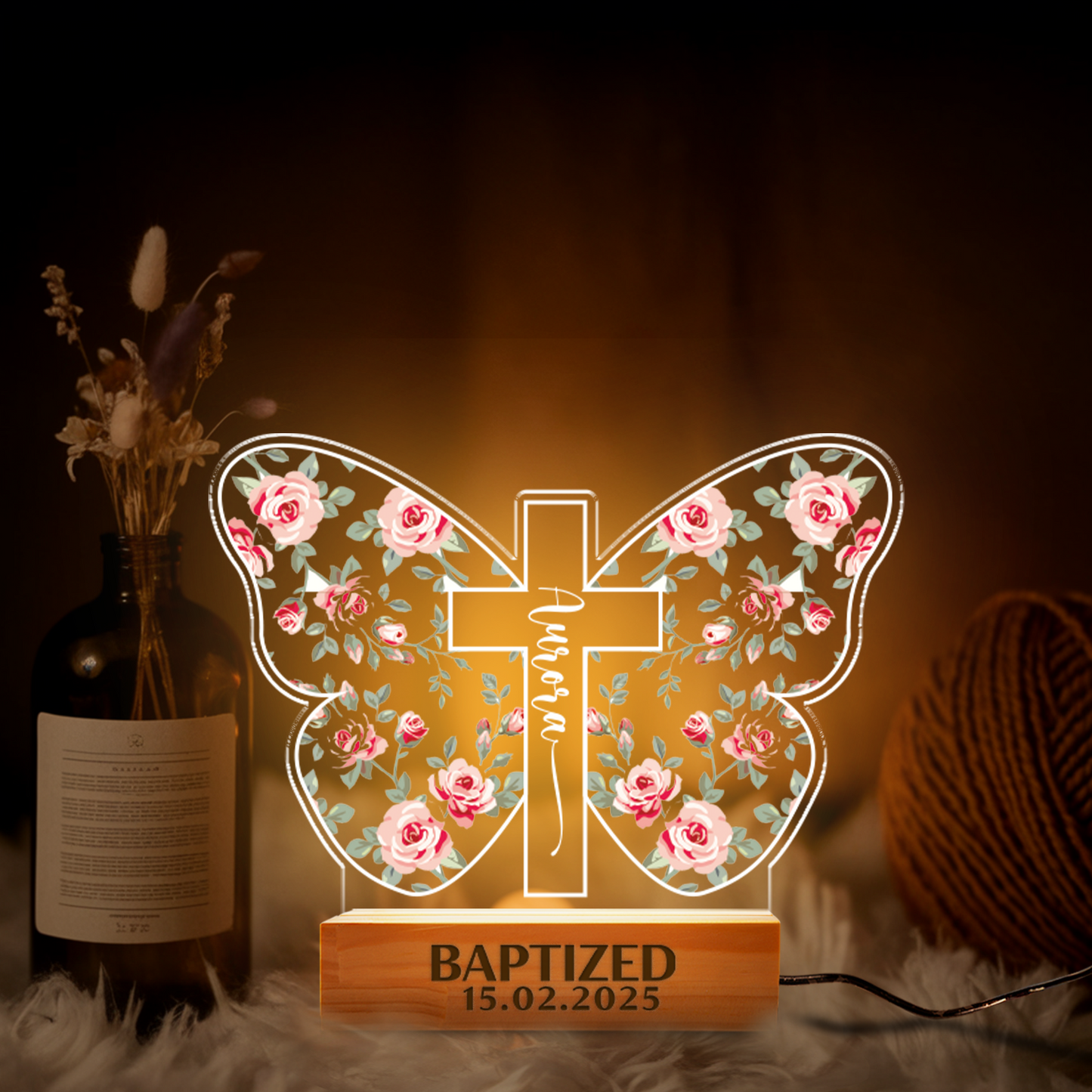 Aeluxlas Personalized Baptism Butterfly Cross Night Light , Baptism Gift For Kids, Custom Cross Night Light Gift For Goddaughter, Godson, Christian Nursery Decor Gift