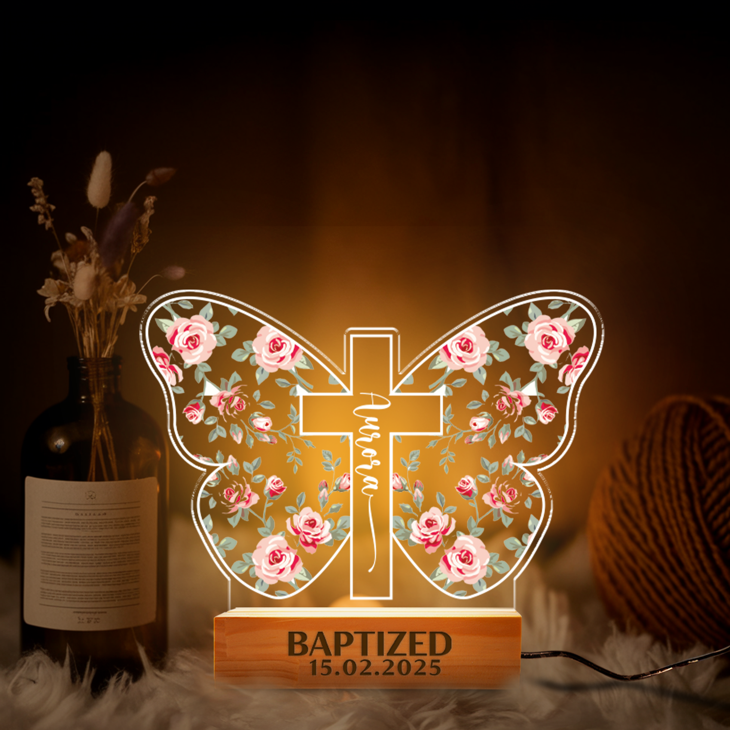 Aeluxlas Personalized Baptism Butterfly Cross Night Light , Baptism Gift For Kids, Custom Cross Night Light Gift For Goddaughter, Godson, Christian Nursery Decor Gift