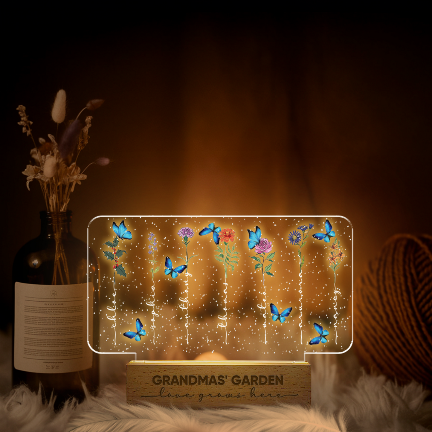 Aeluxlas Grandma‘s Garden Birth Month Flowers Personalized Acrylic LED Night Light, Mothers Day Gift For Grandma, Mom, Custom Flowers