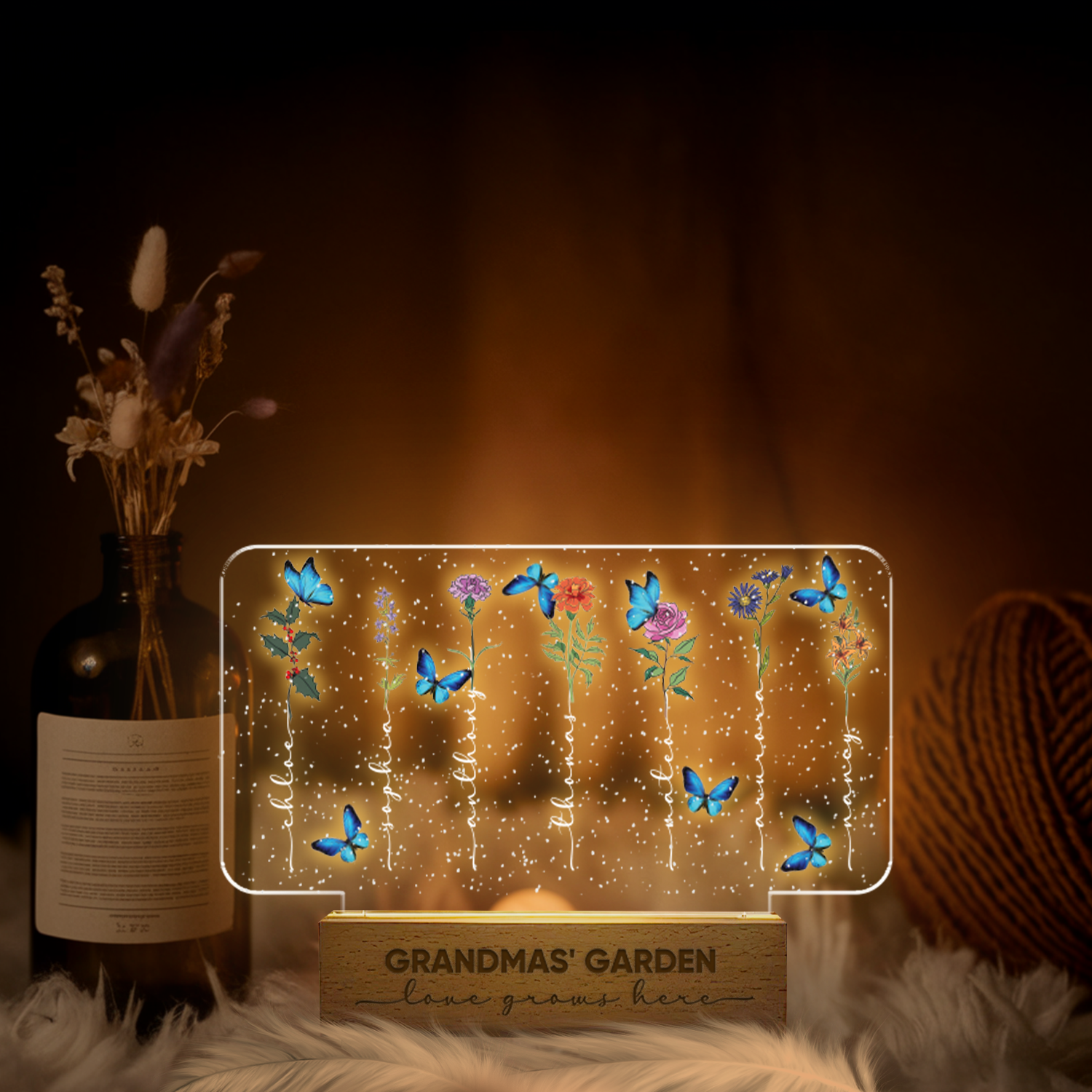 Aeluxlas Grandma‘s Garden Birth Month Flowers Personalized Acrylic LED Night Light, Mothers Day Gift For Grandma, Mom, Custom Flowers