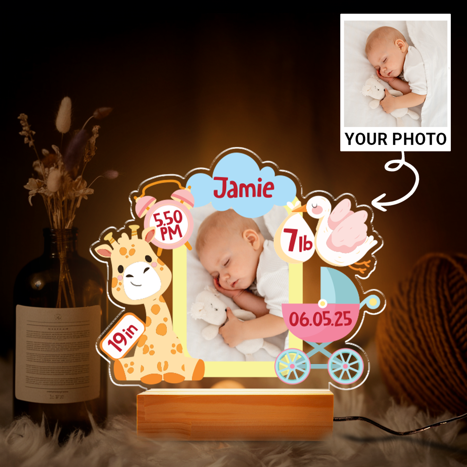 Aeluxlas Customized Photo Baby Frame Night Light, Custom Night Light with Base, Gift For Kids, Nursery Decor