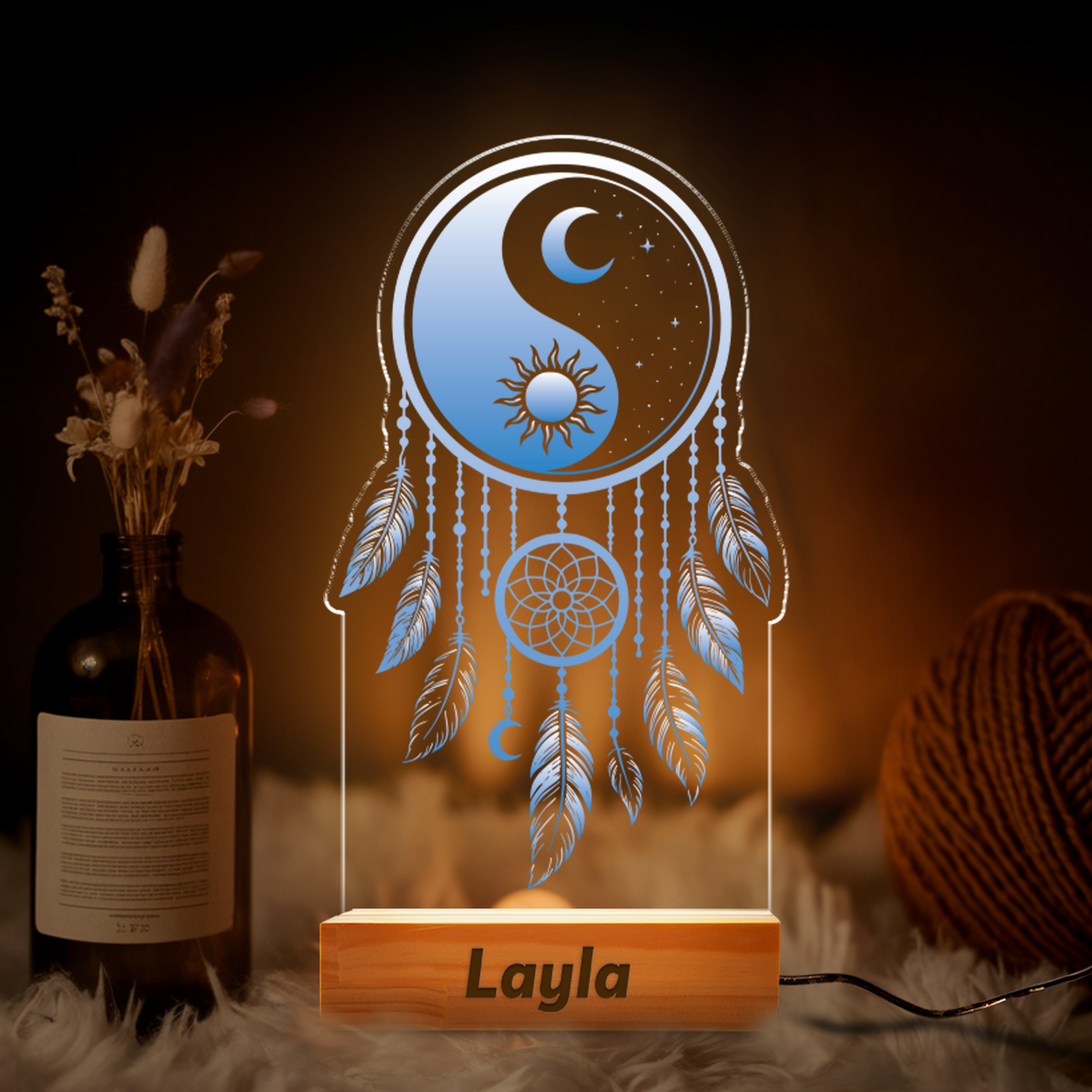 Aeluxlas Dreamcatcher Night Light Custom Made For Bedroom, Chakra Room Decor With Dream Catcher, Personalized Bedside Led Lamp, Best Wishes Gift