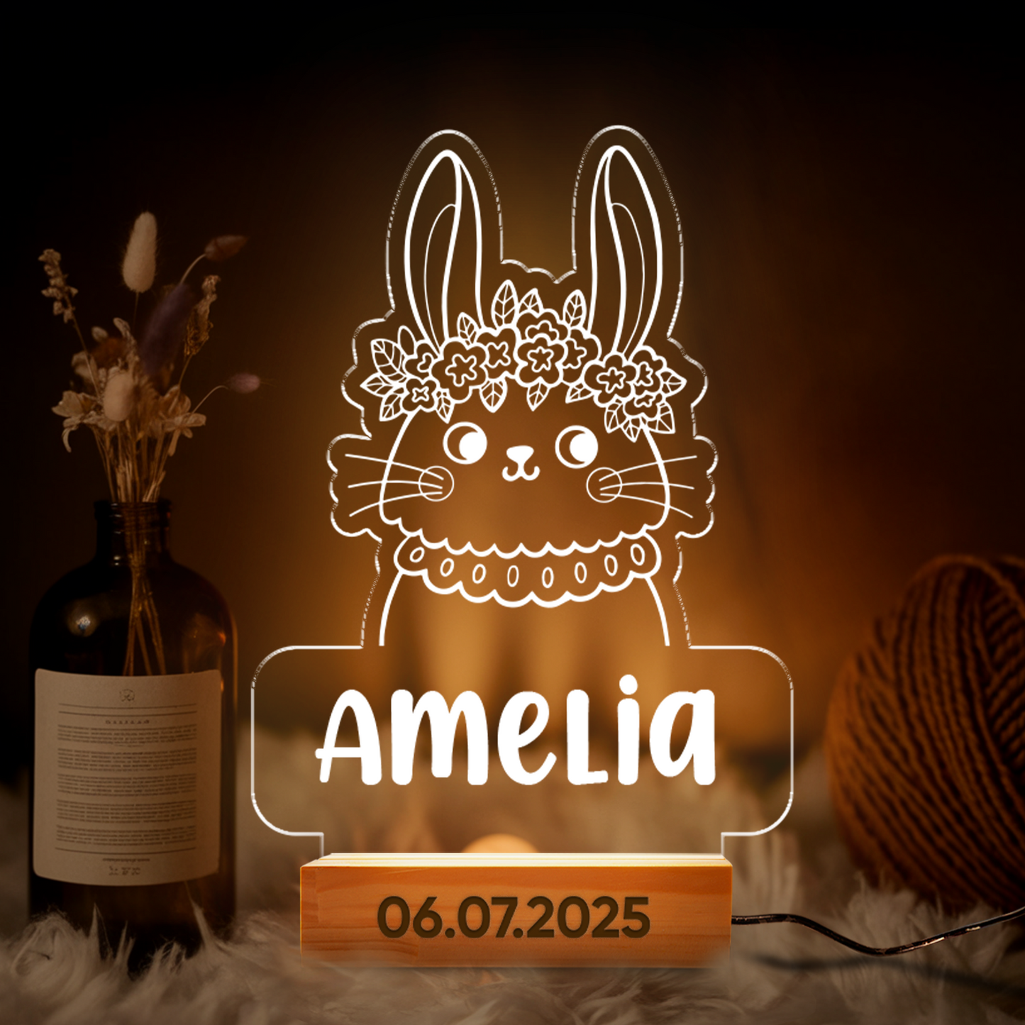 Aeluxlas Personalized Bunny Night Light for Kids, Bunny LED Nursery Lamp with Flowers, Personalized Acrylic Light, Animal Decor, Baby Shower Gift for Girls