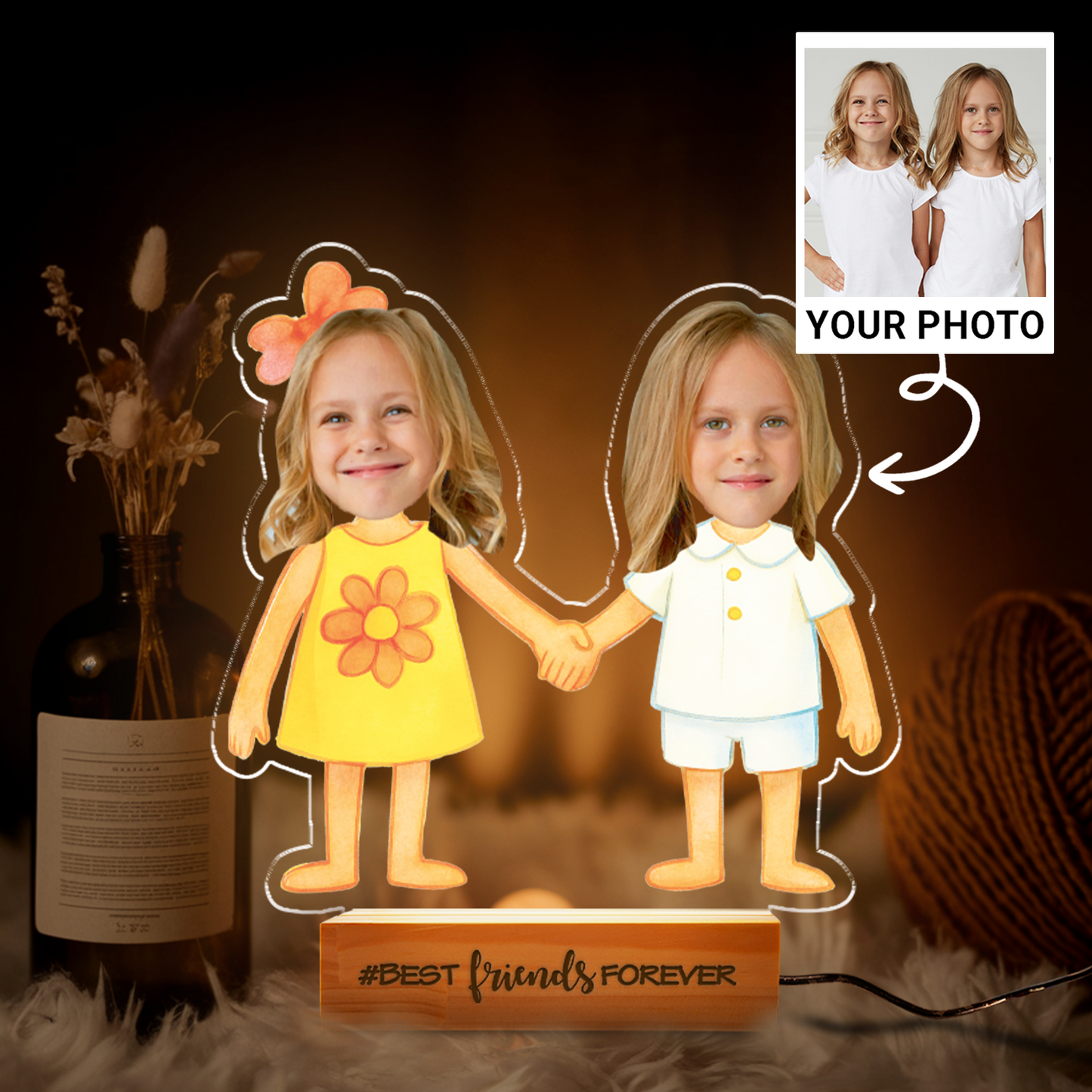 Aeluxlas Personalized Kid Photos Best Friends Forever LED Night Light with Wooden Base Home Decor Friendship Birthday Gift for Boys Girls