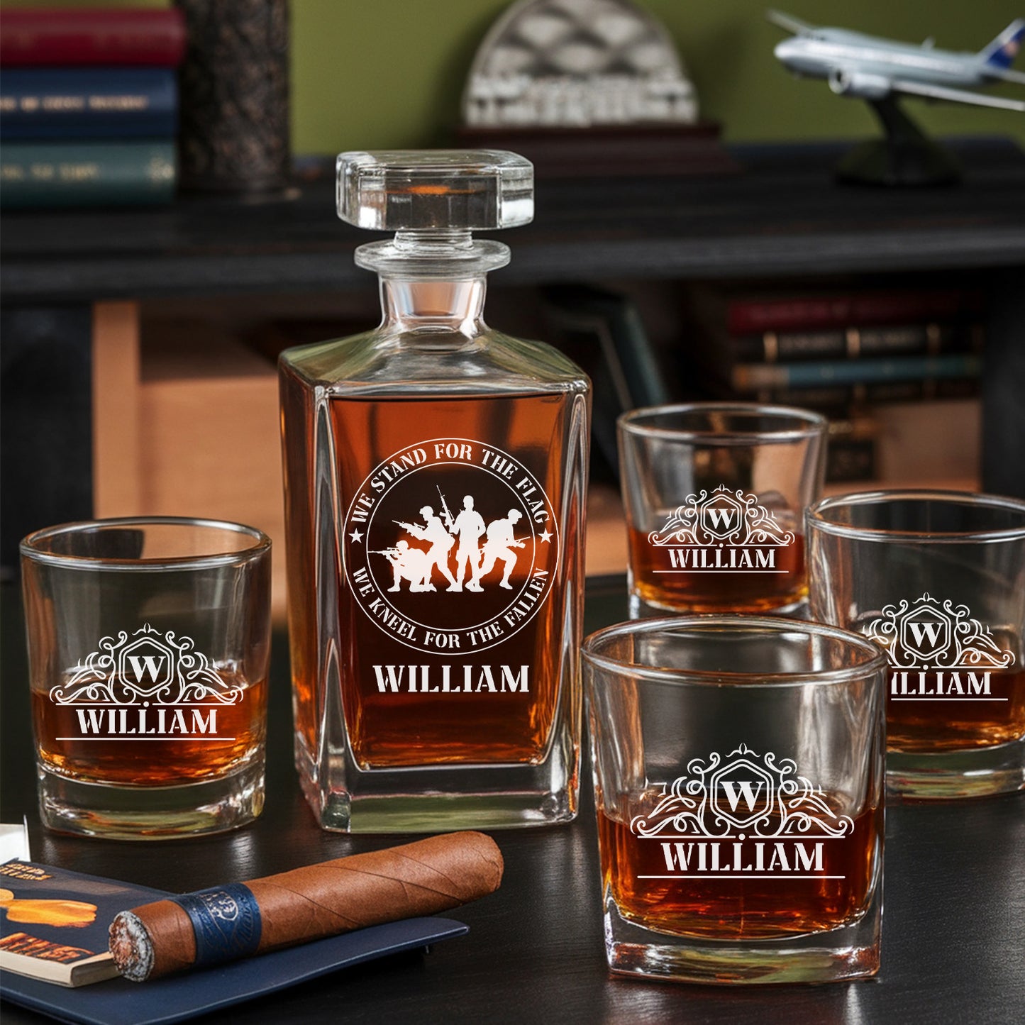 Custom Name We Stand For The Flag We Kneel For The Fallen Whiskey Glass and Decanter Set| Personalized Gifts for Veteran | Patriotic Gift