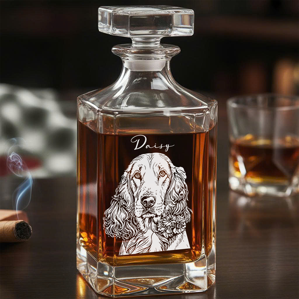 Personalized Dog Whiskey Decanter Set – Custom Pet Photo & Name Engraved Glass 11oz Gift THUC99DP05