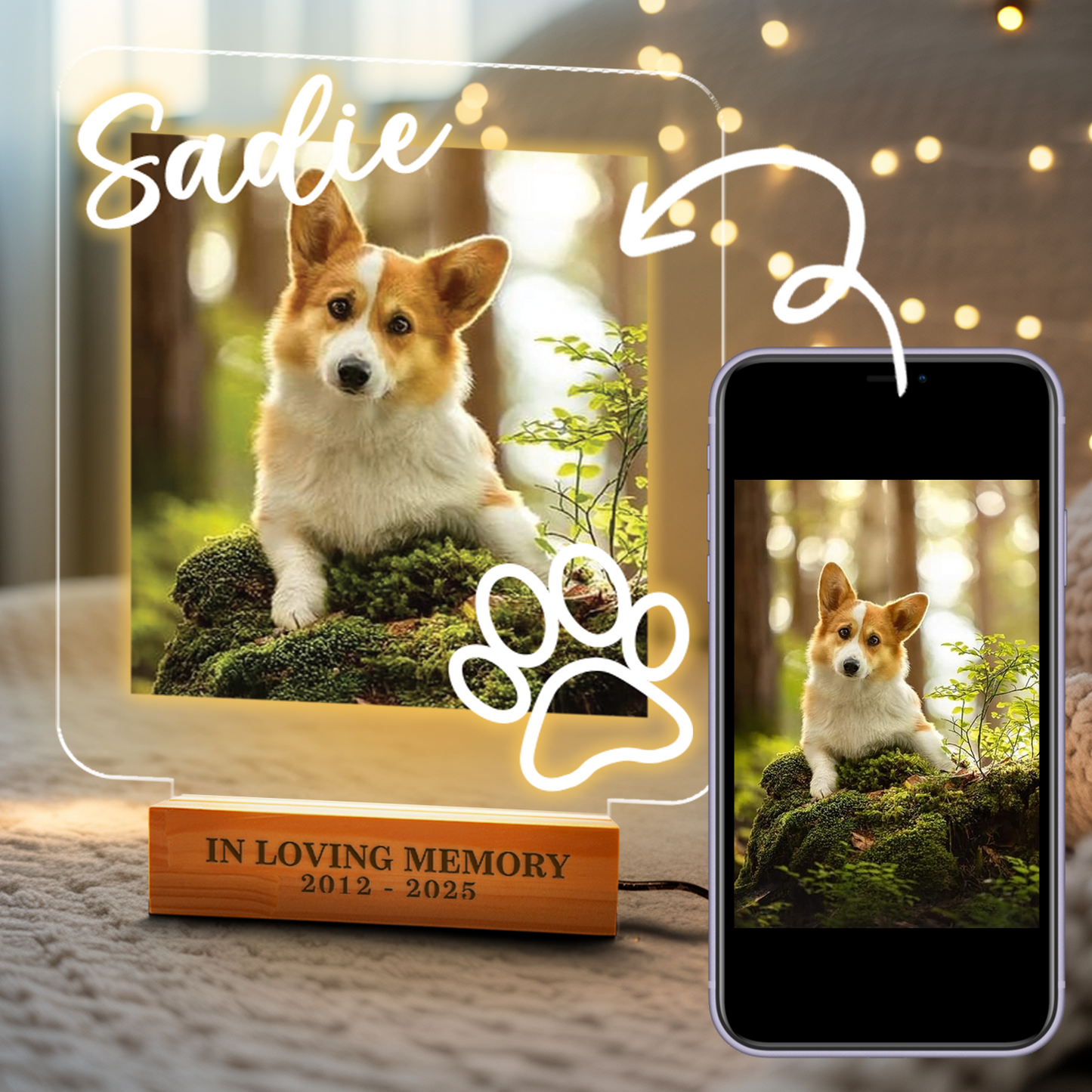 Custom Dog Portrait Night Light, Personalized Pet Lovers Gifts, Personalized Pet Memorial LED Night Light