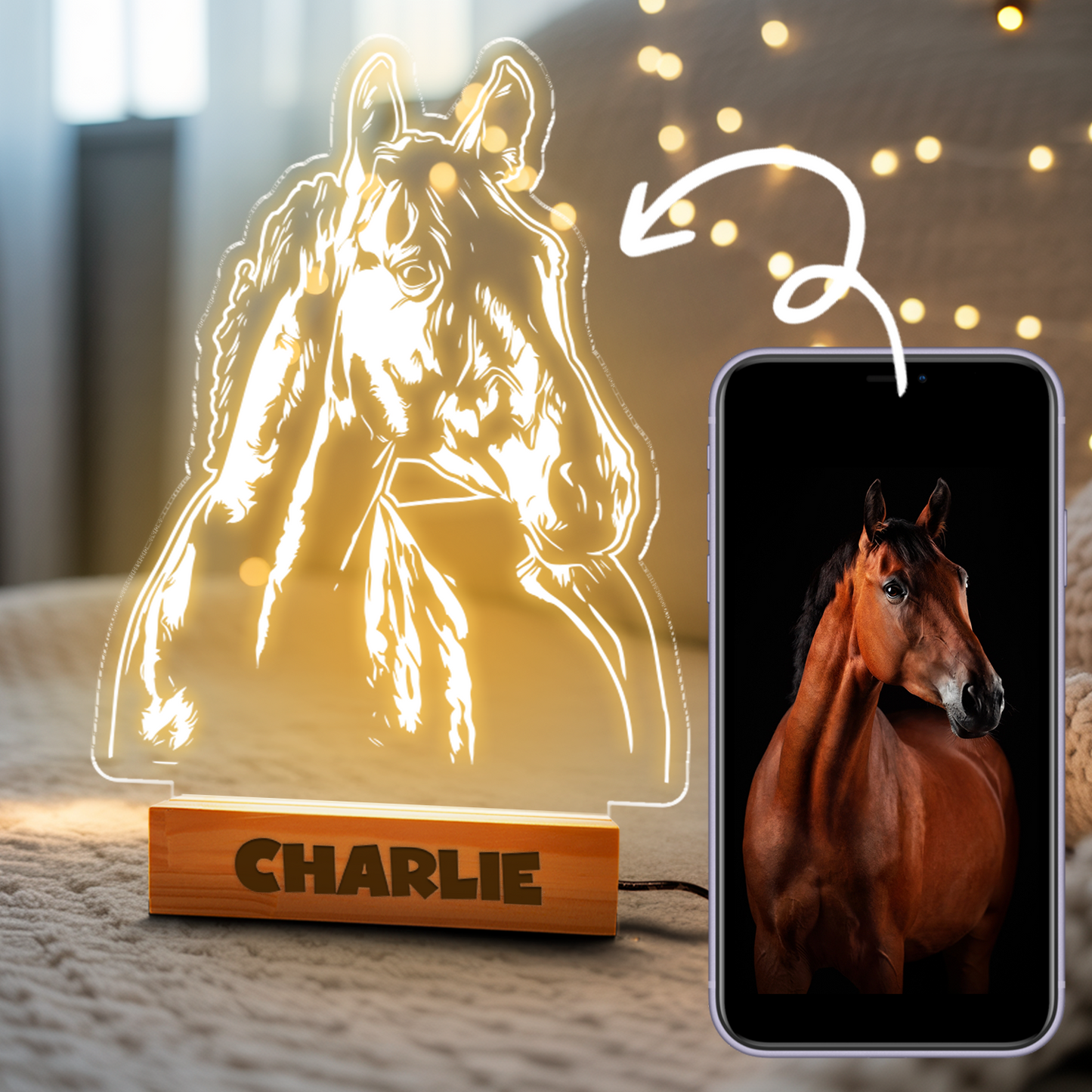 Custom Horse Portrait Night Light, Personalized Pet Lovers Gifts, Personalized Pet Memorial LED Night Light