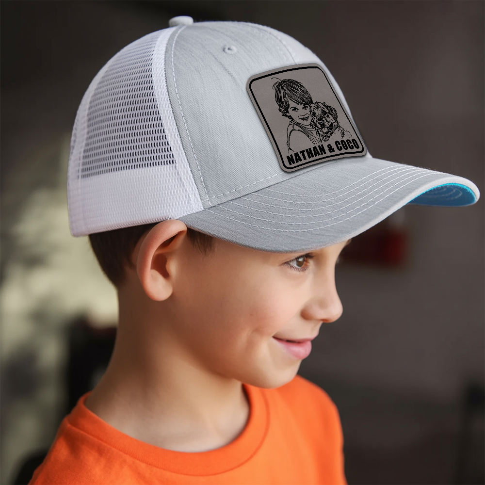 Custom Photo Pet Kid Leather Patch Hat, Kids Custom Hats, Custom Infant Toddler Kids Youth Trucker Hat TNNK08